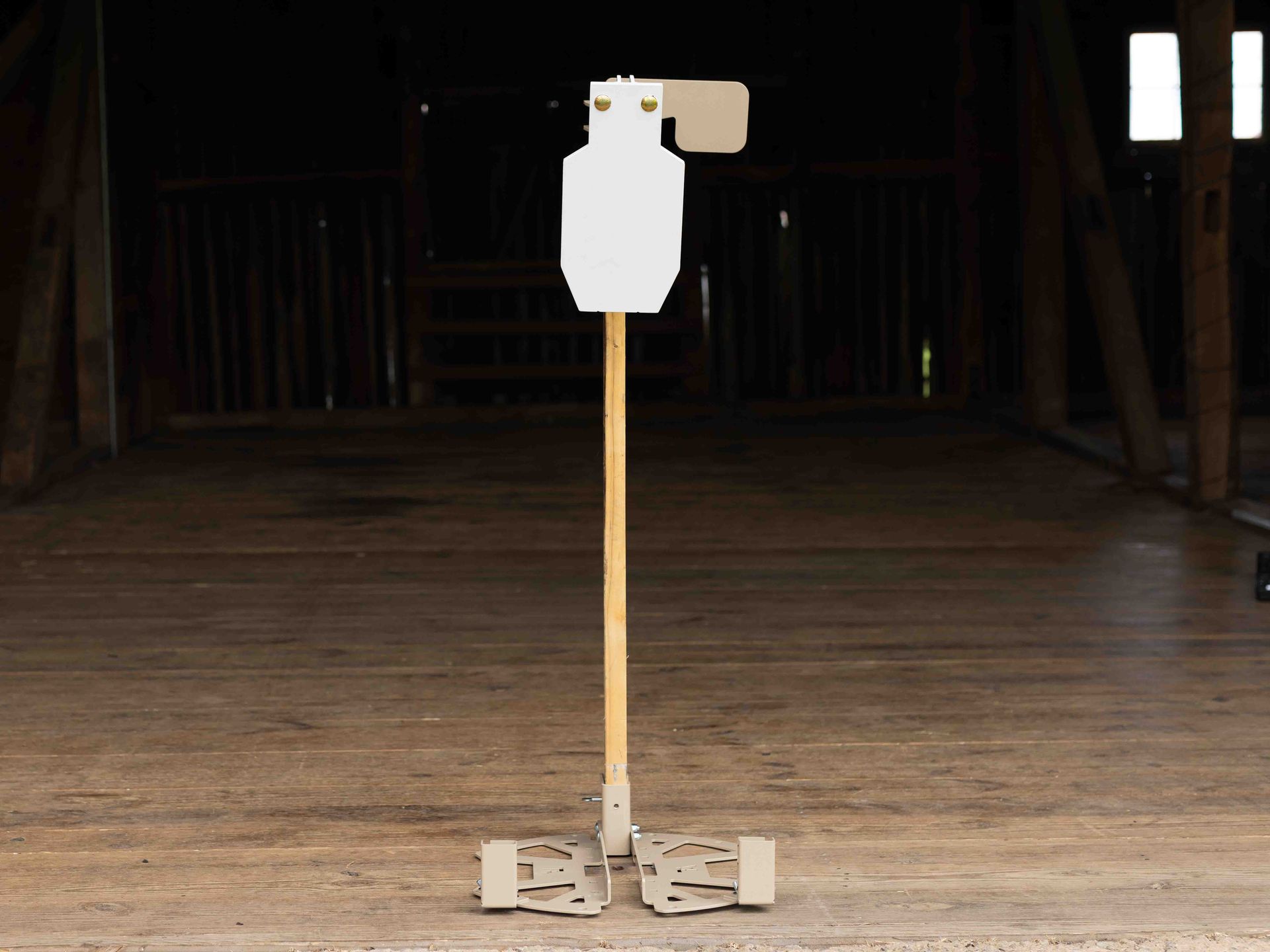 AR550 reduced C-zone A-DAP steel target with hostage paddle on a 2x4 upright