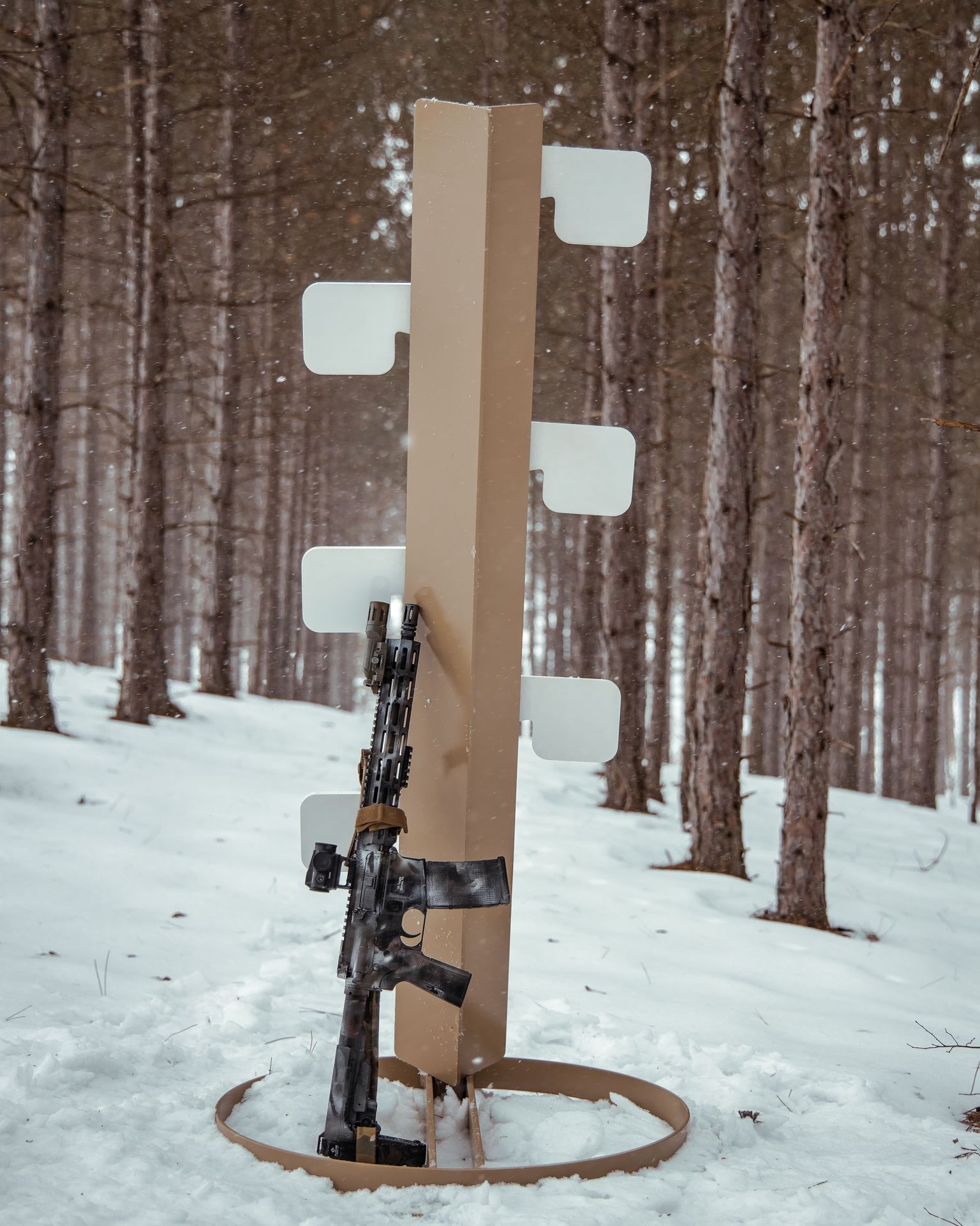 AR15 resting on a Rifle Rated Dueling Tree Target
