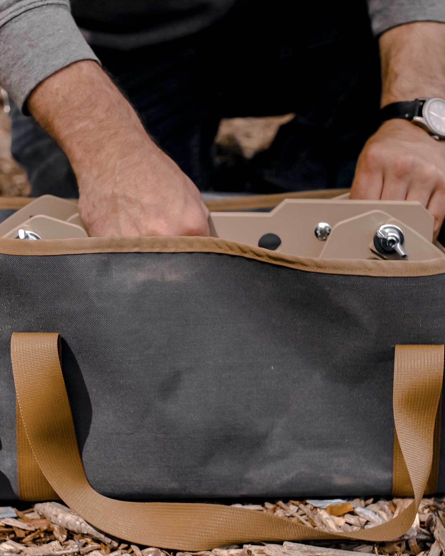 Folded shooting targets placed into a bag to easily carry.