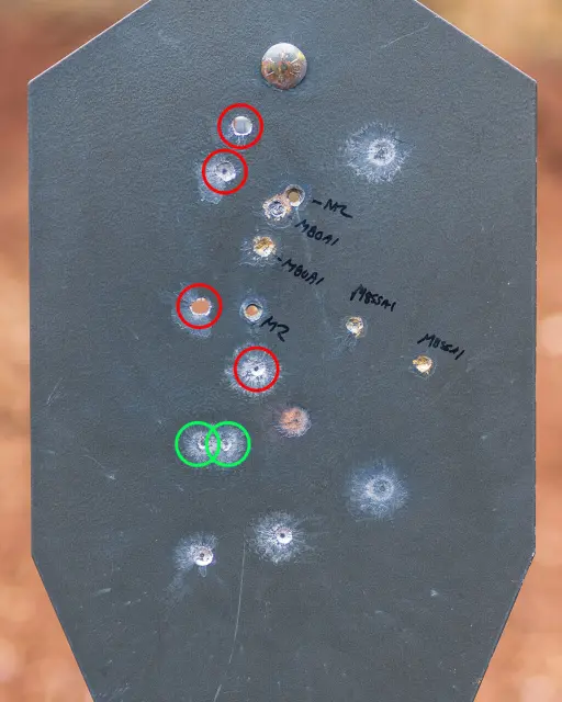 In this photo from a previous test, you can see in the red circles where some of the 300wm projectiles passed through. These bullets were 150 grain Federal PowerShok going about 3300 FPS.